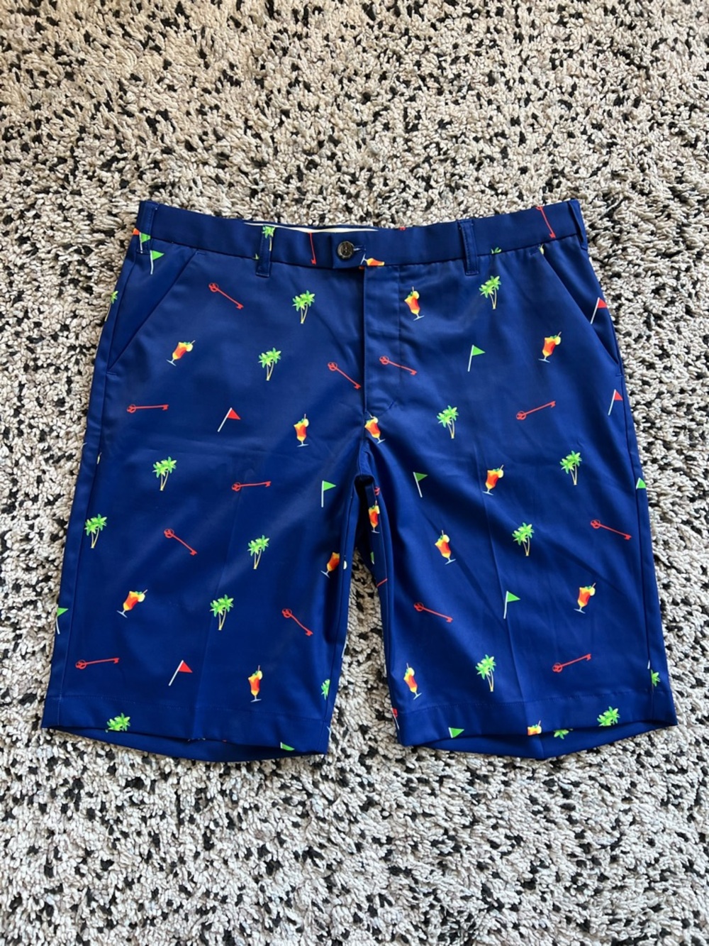 Loudmouth Golf Shorts Blue Cocktail Palm Trees Flag Print Men’s Size 36